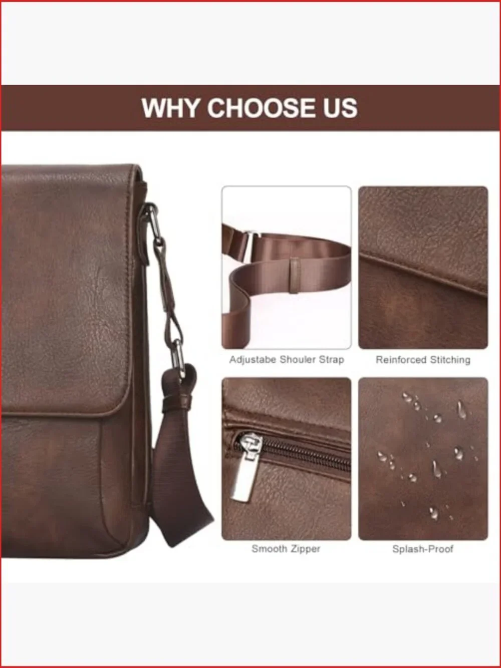 Vegan Leather Crossbody Messenger Bag for Men with Adjustable Strap